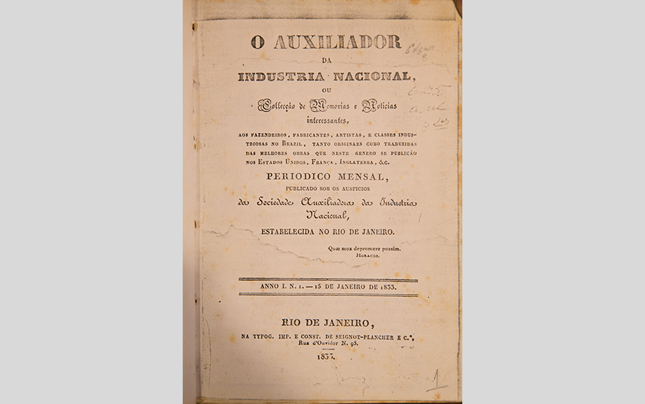 Folha de rosto do periódico O Auxiliador da Indústria Nacional de janeiro de 1833. Crédito: Acervo Firjan