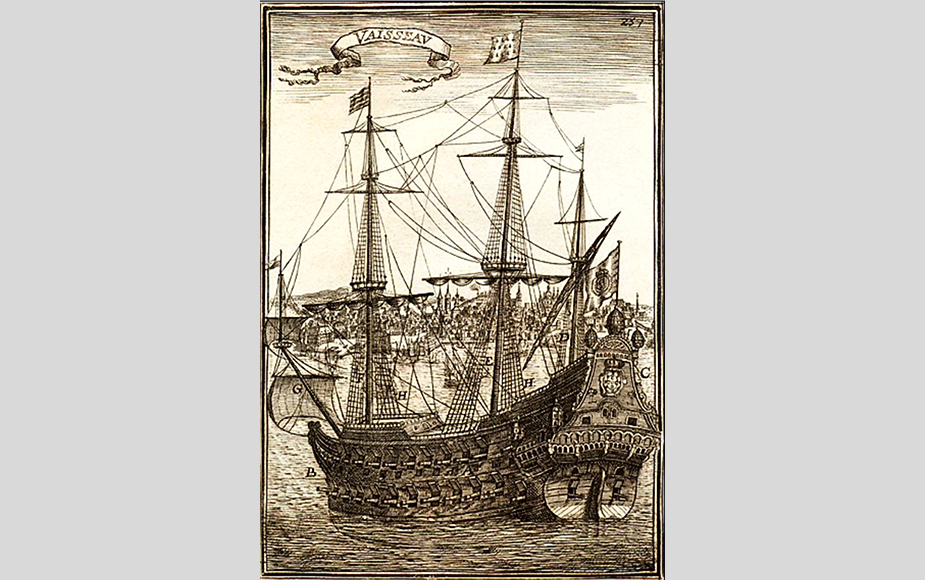 Crédito da imagem: Galeão Padre Eterno. Reprodução: Du Globe Terrestre, Alain Manesson-Mallet 1683 Tomo I, ilustração XCII, p.257