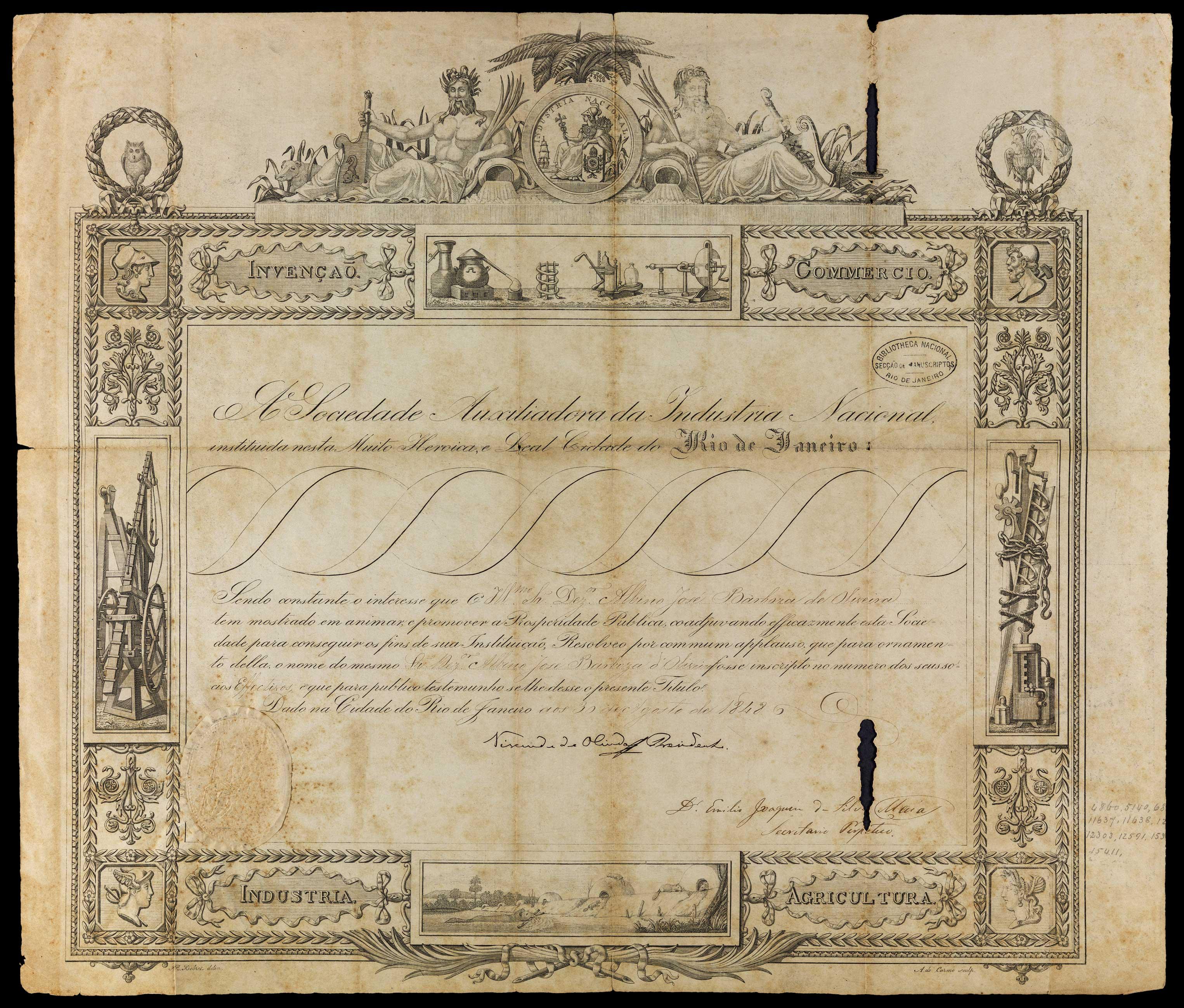 Diploma da Sociedade Auxiliadora da Indústria Nacional aceitando como sócio o desembargador Albino José Barbosa de Oliveira. Créditos Biblioteca Nacional (Brasil)